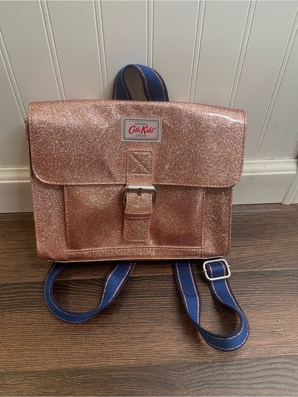 Cath Kidston Rose Gold Pink Glitter Backpack with Navy Adjustable Straps